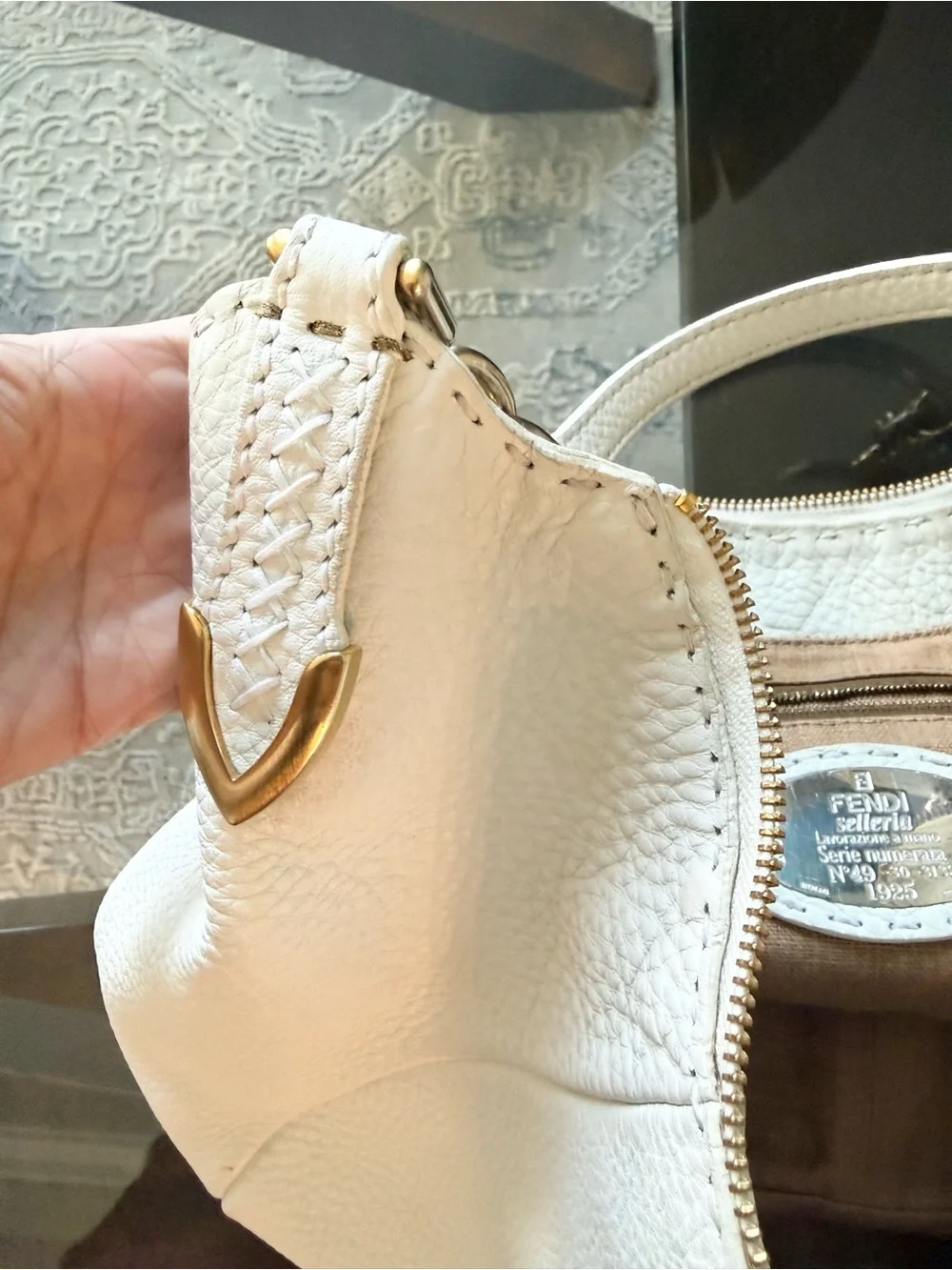 Authentic Fendi Selleria Romano Leather Chain Hobo Bag - Cream/Ivory